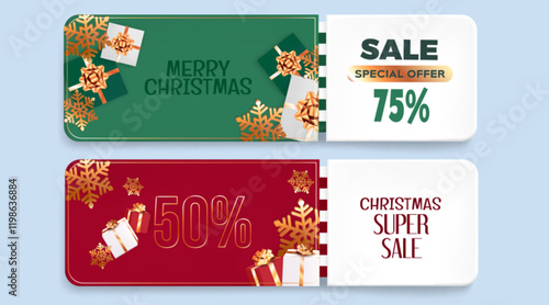 Christmas sale coupon design with gift boxes and gold snowflakes. Special offer banner set with festive elements - 75 discount on green background and 50 super deal on red card. Promotional template