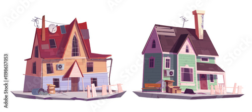 Game asset platform set of abandoned ghetto houses - dilapidated buildings with broken windows, scattered trash boxes and damaged walls. Cartoon architecture elements for poor district environment.