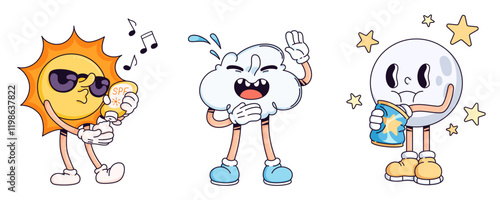 Weather character doodle set with expressive mascots - sun holding SPF bottle, cheerful cloud laughing with tear drops, moon surrounded by stars eating snack. Cute cartoon meteorological personage