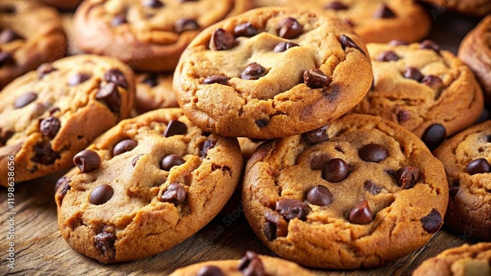 Close-up of Warm Chocolate Chip Cookies on Light Background - Delicious Dessert Treats Close-up of Warm Chocolate Chip Cookies on Light Background - Delicious Dessert Treats