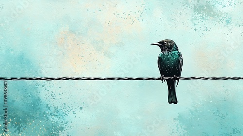 A stylized teal bird perched on a wire against a soft aqua watercolor background. photo