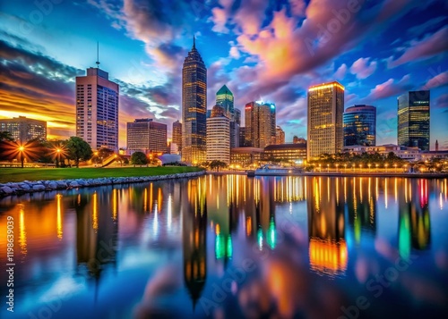 Milwaukee Wisconsin Night Skyline Panoramic Cityscape High Resolution Stock Photo
