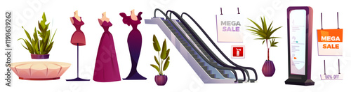 Mall hall elements set - escalator, promotional banners, mannequins with dresses, potted plants in decorative planters and digital information display. Shopping center interior design objects.