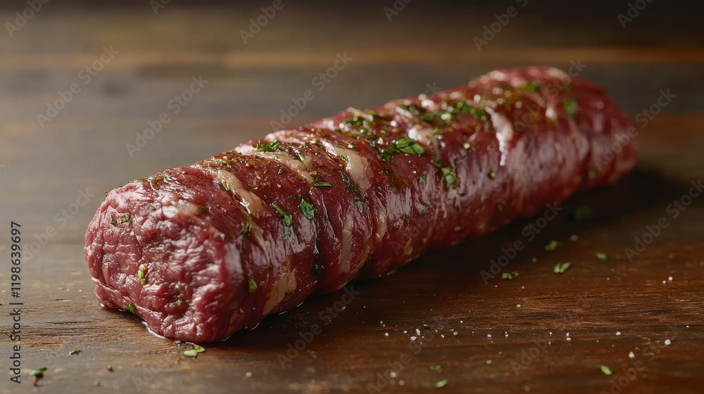 Fresh Beef Roll on Wooden Surface Fresh Beef Roll on Wooden Surface