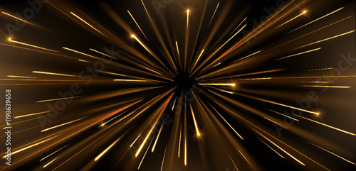 Speed light effect with radial golden glowing lines and bright sparkling particles bursting from center on dark background for sci-fi tunnel, hyperspace jump or festive firework design element.