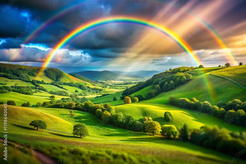 Naklejka premium Miniature Double Rainbow Over Rolling Hills - Tilt-Shift Photography