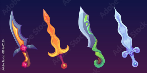 Magical sword collection with colorful blade designs. Fantasy weapon set decorated by gems - yellow, blue and green with gemstones and decorative handles. RPG game equipment item for battle interface.
