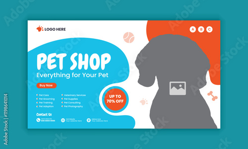 Pet food store horizontal banner design and pet food and accessories  sale flat banner design template