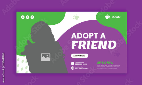 Pet adopt and care horizontal banner design and pet food and accessories  sale flat banner design template