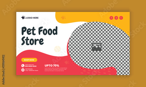 Pet food store horizontal banner design and pet food and accessories  sale flat banner design template