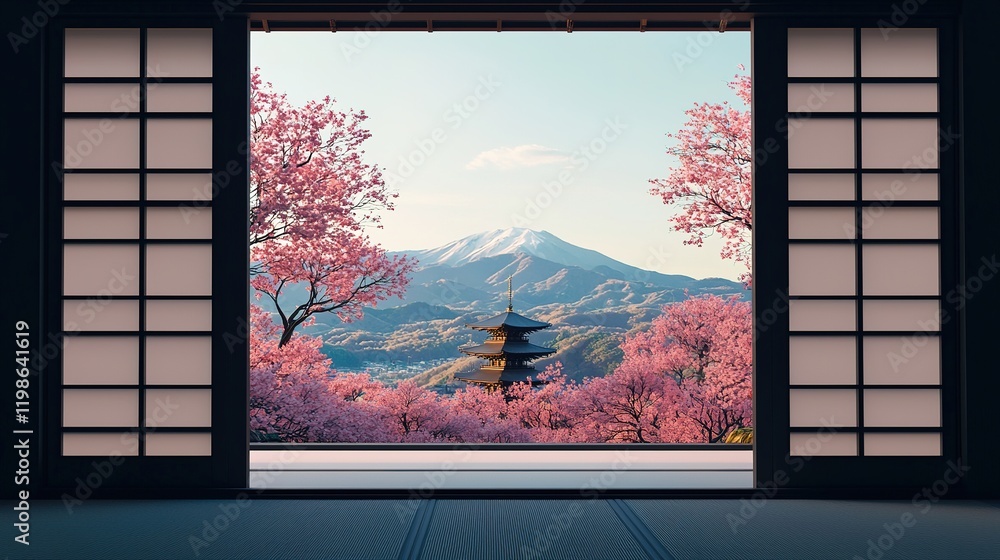 Fototapeta premium Ancient pagoda surrounded by cherry blossoms kyoto landscape photography serene environment panoramic view