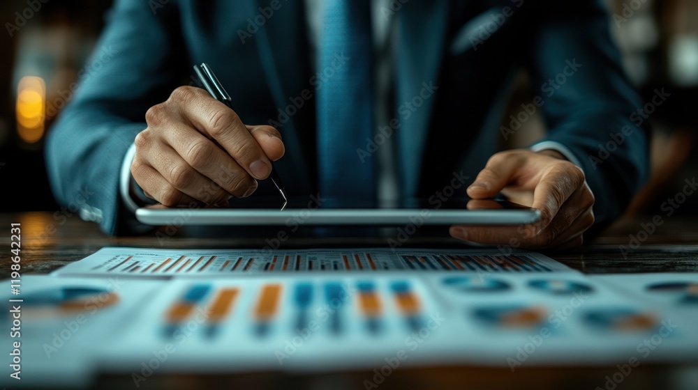 Businessman signing tablet contract, office, charts Businessman signing tablet contract, office, charts