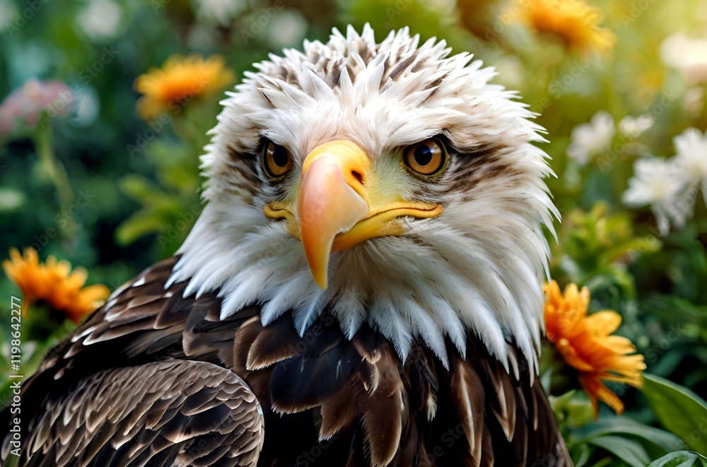 Obraz premium Close-up portrait of an eagle its feathered face framed by a lush display of green flowers, captures the essence of wild beauty.