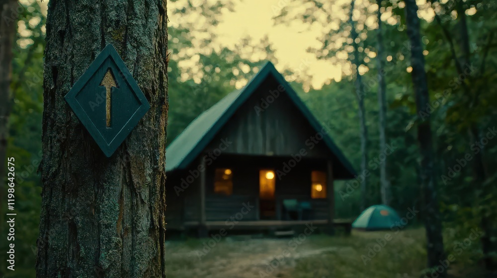 A cozy cabin nestled among trees, illuminated by warm lights, with a tent nearby and a directional sign on a tree trunk. A cozy cabin nestled among trees, illuminated by warm lights, with a tent nearby and a directional sign on a tree trunk.