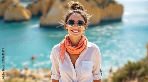 Smiling tourist at Praia da Marinha beach with scenic cliffs and turquoise water, Algarve, Portugal (Travel)