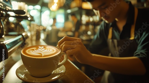 Barista creating latte art in coffee cup. photo