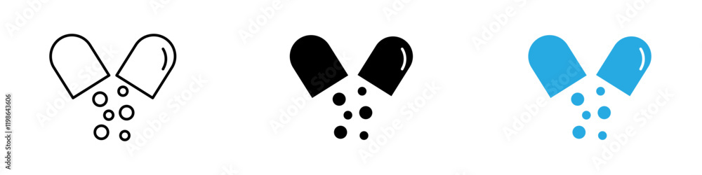 Open capsule pill icon black white vector outline Open capsule pill icon black white vector outline