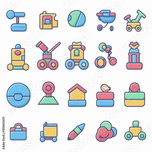 first babies toys icons set. Child development toys featuring spinning top, shape sorter, rocking horse, and abacus for early learning and playtime fun photo