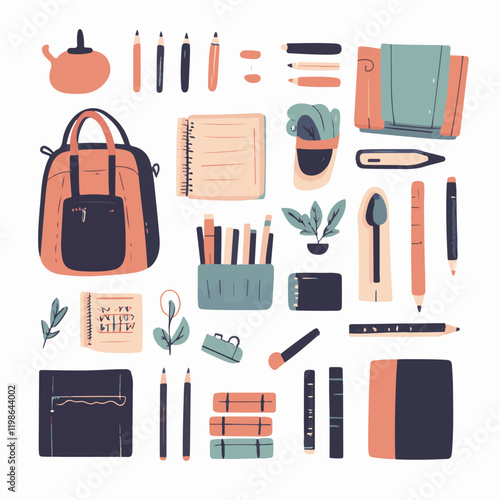 Big vector set with school subjects. Collection of flat illustrations. Globe, books, briefcase, pen holder, test tubes and everything related to science on a pink background. icons