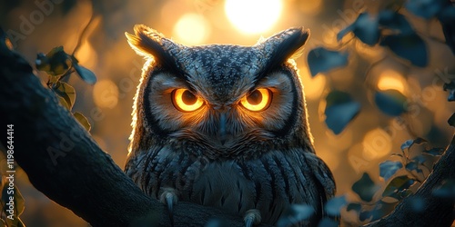 Majestic Owl at Sunset: A Captivating Portrait of a Wise Bird photo