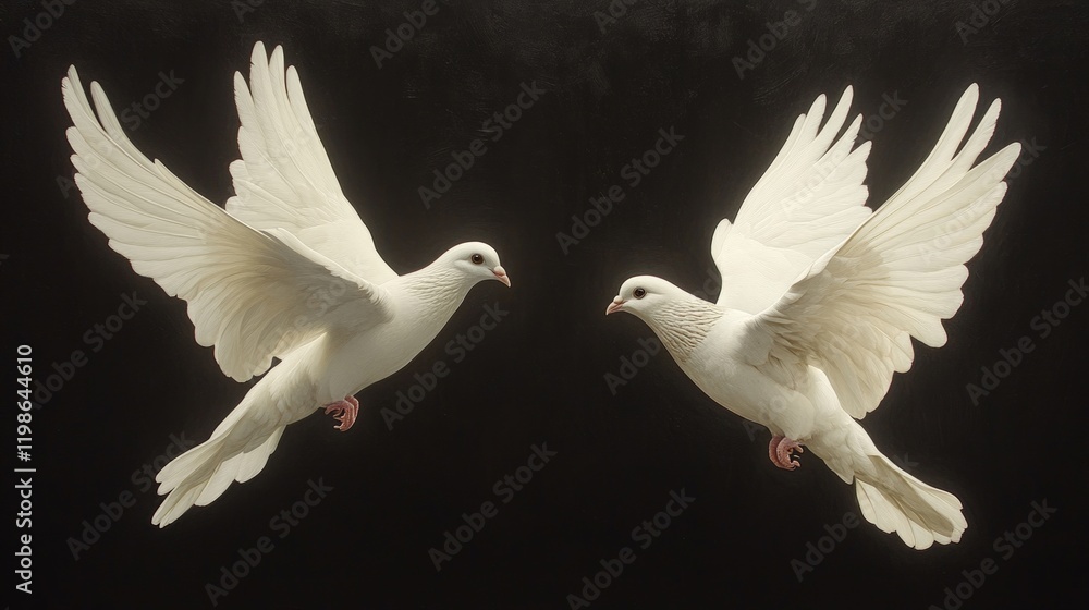 Fototapeta premium Two white doves in flight, dark background.