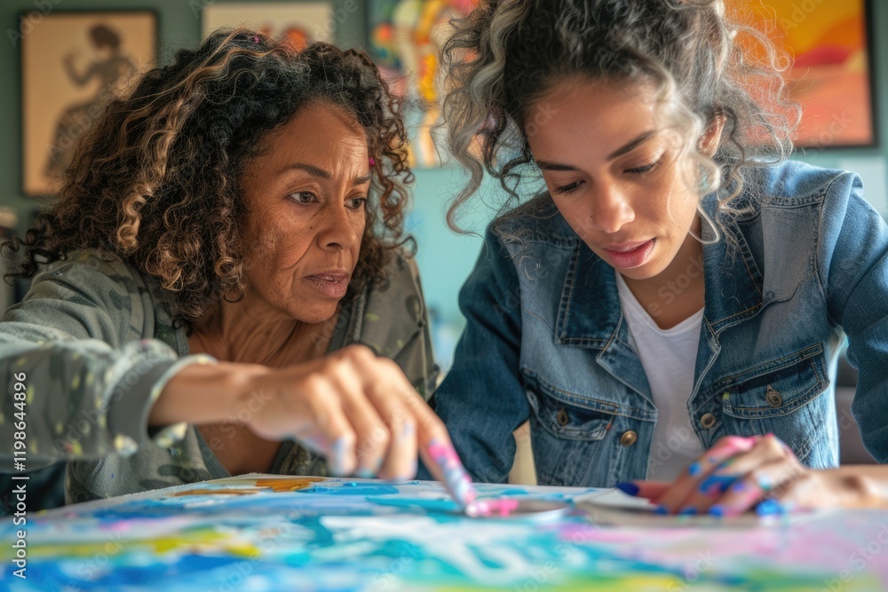 Fototapeta premium Biracial women upcycle table at home with different hair types.
