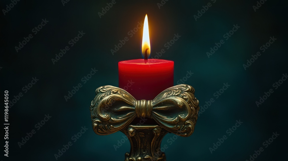 Fototapeta premium Red candle flame glows in ornate holder, dark background, remembrance