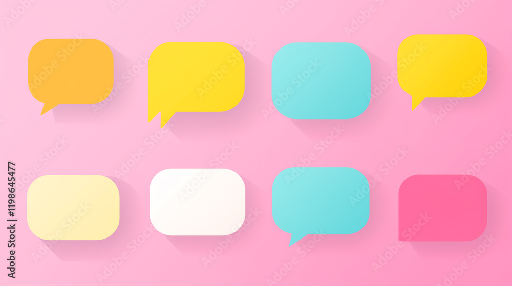 Colorful speech bubbles arranged in a playful grid pattern on a pink background Colorful speech bubbles arranged in a playful grid pattern on a pink background