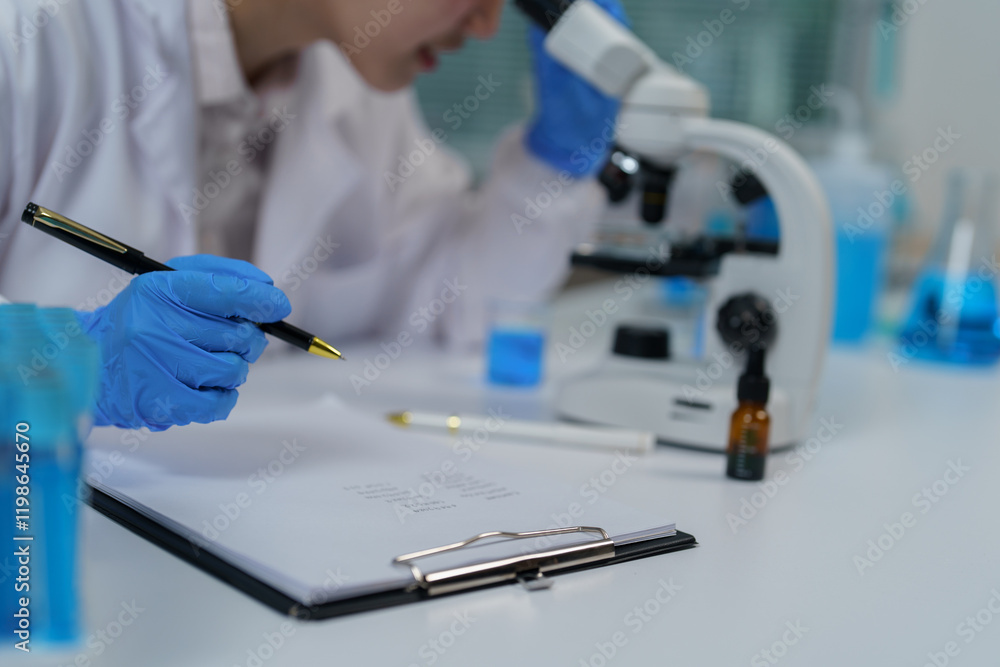 Scientist wearing blue gloves writing notes on clipboard while using microscope in laboratory with beakers and dropper bottles containing blue liquids Scientist wearing blue gloves writing notes on clipboard while using microscope in laboratory with beakers and dropper bottles containing blue liquids