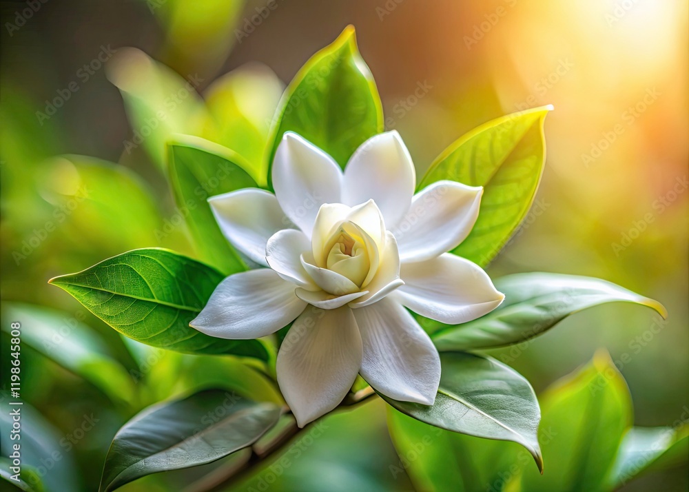 Obraz premium Minimalist Cape Jasmine Photography: Gardenia Jasminoides Flower, Natural Background, White Bloom, Simple Elegance, Botanical Art
