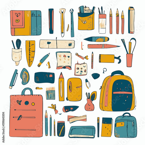 Big vector set with school subjects. Collection of flat illustrations. Globe, books, briefcase, pen holder, test tubes and everything related to science on a pink background. icons