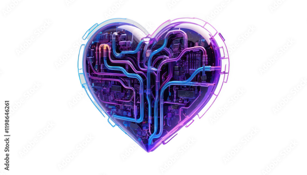 A neon heart with circuit-like pathways running through it, glowing with shades of electric blue and purple, surrounded by holographic light reflections, on a white transparent background PNG A neon heart with circuit-like pathways running through it, glowing with shades of electric blue and purple, surrounded by holographic light reflections, on a white transparent background PNG