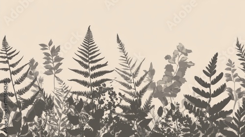 59.A lively botanical vector illustration with a mix of leaf designs, including ferns and broadleaf shapes, arranged in a dynamic, layered pattern over a neutral base. photo