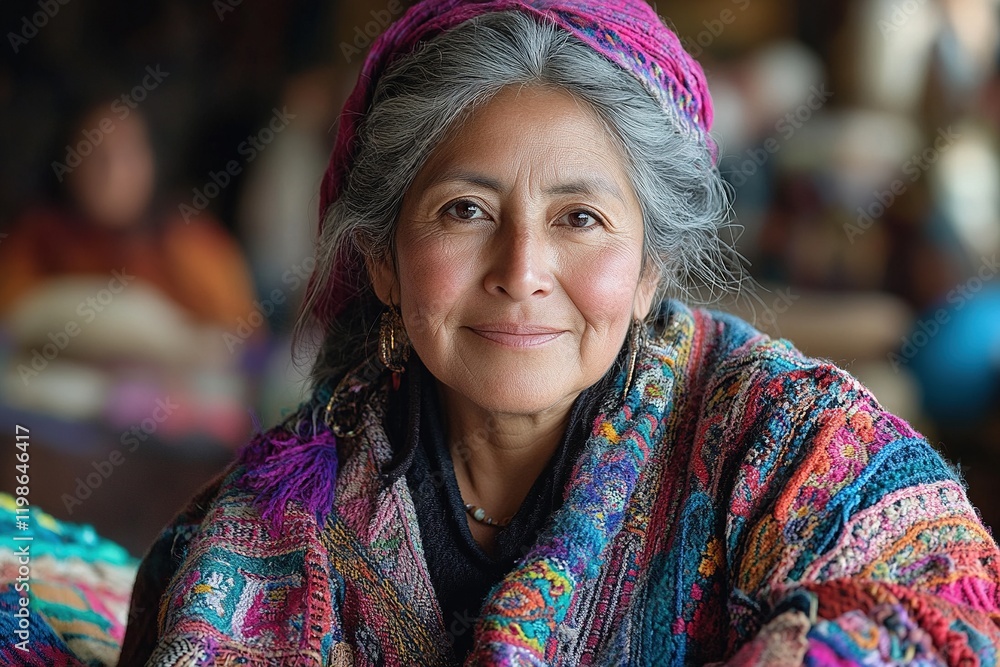 A smiling woman with gray hair wearing a colorful, patterned shawl, exuding warmth and culture. A smiling woman with gray hair wearing a colorful, patterned shawl, exuding warmth and culture.