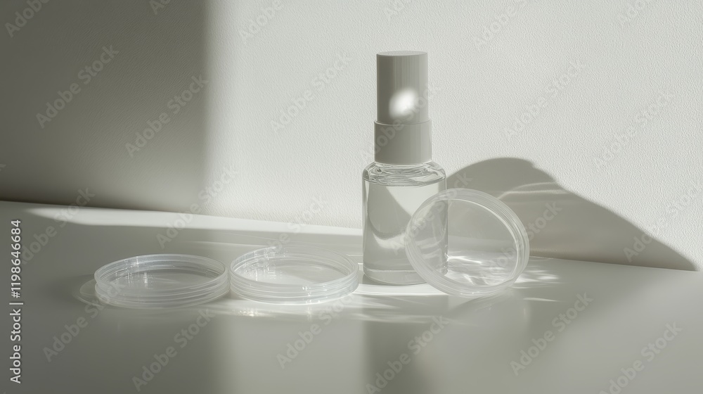 16.A minimalistic arrangement featuring a contact lens case with open lids, a small puddle of solution glistening nearby, and a solution bottle in the background on a white surface. 16.A minimalistic arrangement featuring a contact lens case with open lids, a small puddle of solution glistening nearby, and a solution bottle in the background on a white surface.