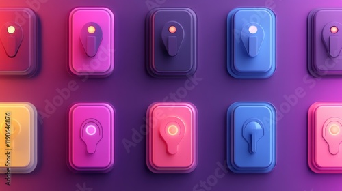 32.A modern set of flat toggle switches in vibrant colors, each with a sleek rounded design, featuring on and off states with smooth gradients and clear iconography. photo