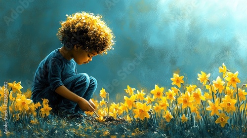 A child gently explores a field of vibrant yellow flowers, embodying curiosity and nature's beauty.
