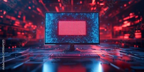 Red-blue tech desktop, futuristic room