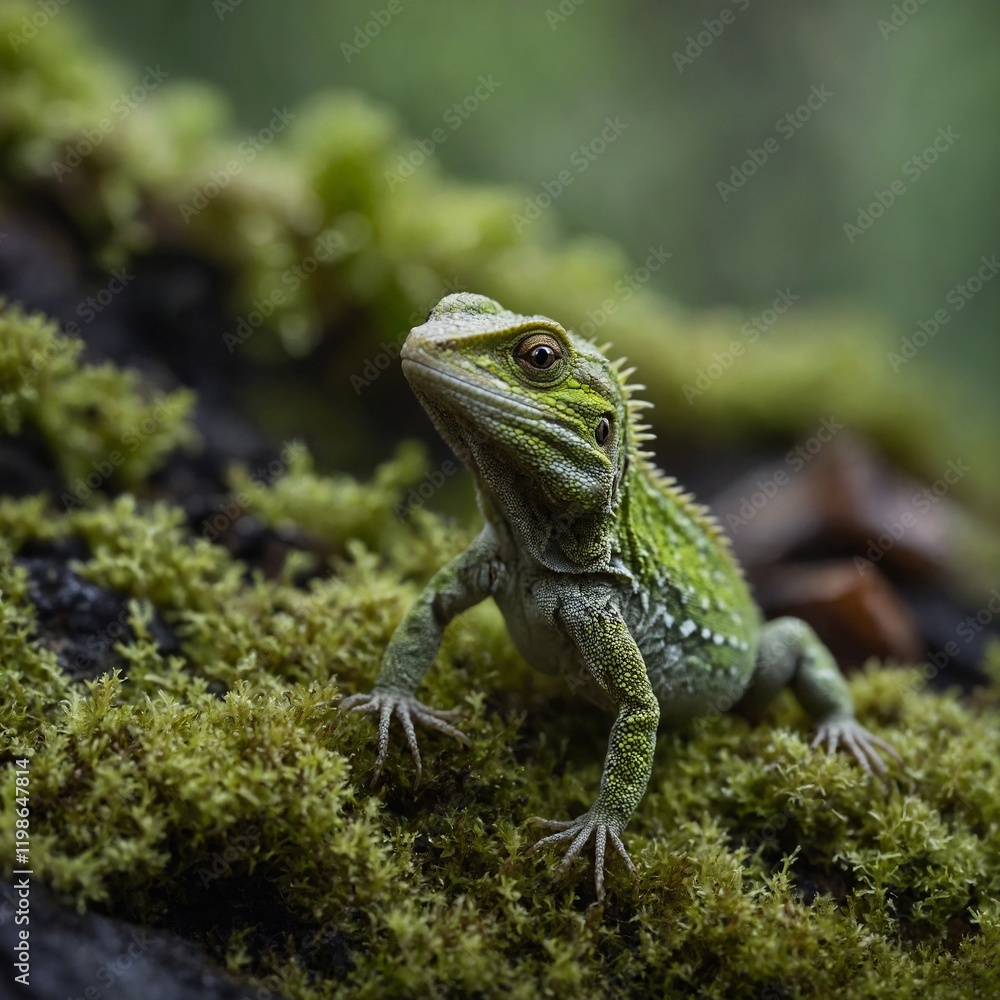 A tiny lizard blending perfectly with its mossy surroundings. A tiny lizard blending perfectly with its mossy surroundings.