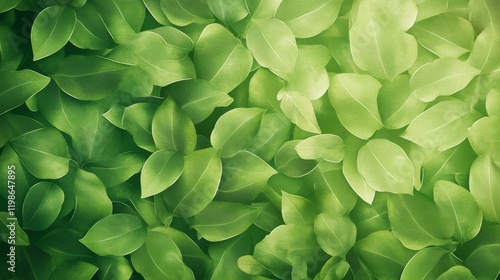 56.A seamless vector background featuring layers of vibrant green leaves in various shapes and sizes, overlapping to form a natural, eco-friendly pattern on a soft gradient backdrop.