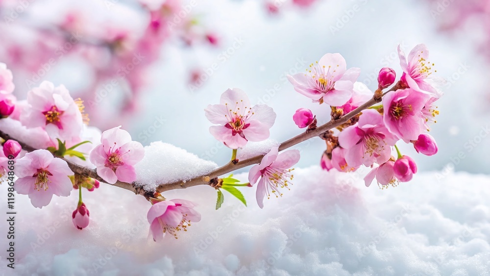 Fototapeta premium Minimalist Sakura Snow Scene: Cherry Blossoms Under Winter's Embrace