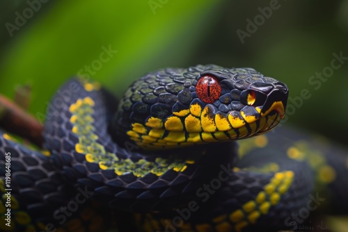 Viper Borneo Snake Tropidolaemus subannulatus resting on a branch among lush green foliage in a tropical rainforest during daylight hours, showcasing its striking colors and patterns photo