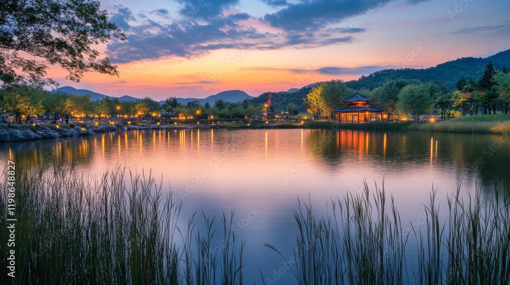 Obraz premium 95.A still lake bathed in the soft glow of a setting sun, with the horizon ablaze in warm hues and the tranquil surface reflecting the fiery colors of the evening sky.