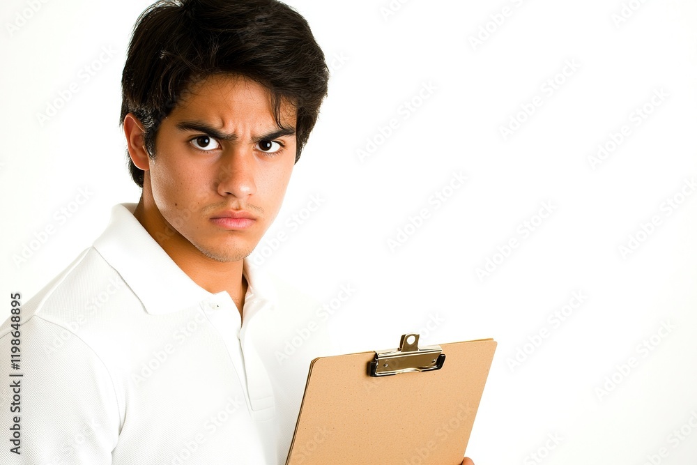 A serious young man holding a clipboard, appearing focused and possibly assessing a situation. A serious young man holding a clipboard, appearing focused and possibly assessing a situation.