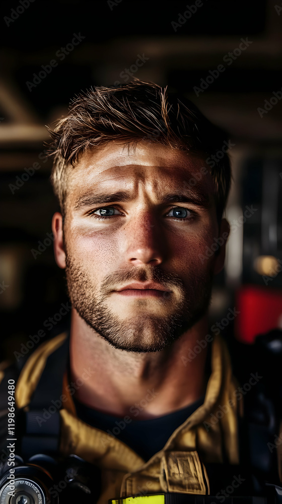 Portrait of a Firefighter Looking Directly at the Camera Inside the Fire Station Confidently. Portrait of a Firefighter Looking Directly at the Camera Inside the Fire Station Confidently.