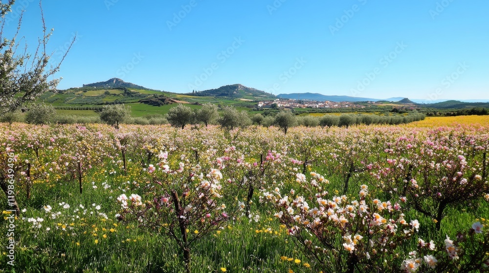 26.A vibrant field of spring flowers blooming outside Oleiros, showcasing a mix of colorful blossoms swaying gently in the breeze under a clear blue sky. 26.A vibrant field of spring flowers blooming outside Oleiros, showcasing a mix of colorful blossoms swaying gently in the breeze under a clear blue sky.