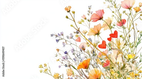 3.A vibrant corner arrangement of wildflowers including light celery blooms and Capsella with heart-shaped seed pods, painted in soft watercolors against a white background.