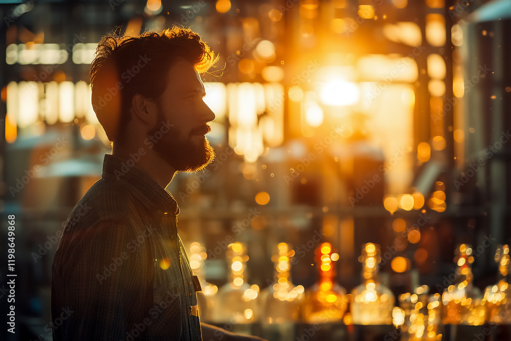 man stands in profile against glowing sunset, surrounded by bottles, evoking sense of tranquility and reflection man stands in profile against glowing sunset, surrounded by bottles, evoking sense of tranquility and reflection