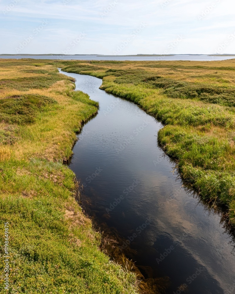 A winding stream flows through lush green grasslands under a clear blue sky, showcasing a tranquil natural landscape. A winding stream flows through lush green grasslands under a clear blue sky, showcasing a tranquil natural landscape.