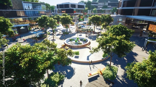 Urban plaza design, sunny day, people relaxing, green spaces, modern architecture,  for urban planning